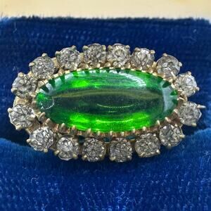 Antique Victorian gold gilt uranium green clear glass paste rhinestones brooch